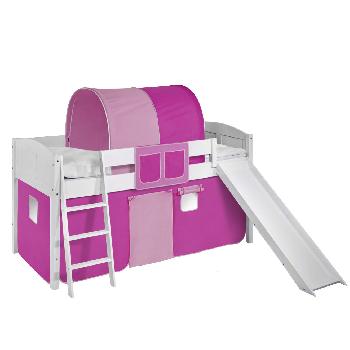 Idense White Wooden Ida Midsleeper - Pink - With slide, curtain and slats - Continental Single