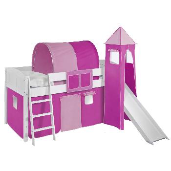 Idense White Wooden Ida Midsleeper - Pink - With slide, tower, curtain and slats - Continental Single