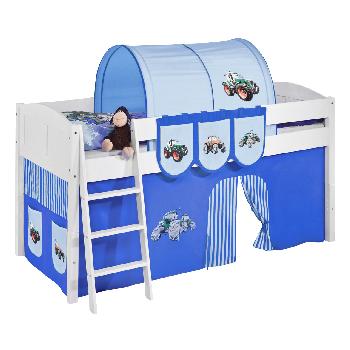 Idense White Wooden Ida Midsleeper - Tractor Blue - With curtain and slats - Continental Single