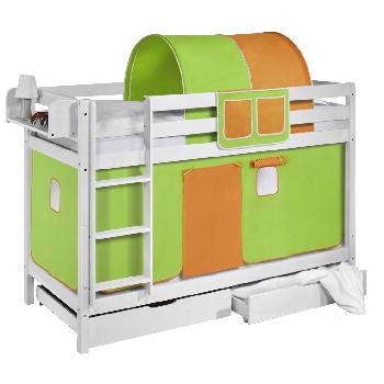Idense White Wooden Jelle Bunk Bed - Green and Orange - With curtain and slats - Single