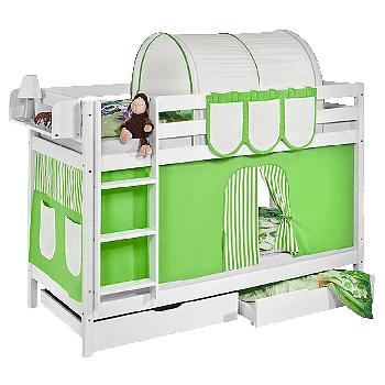 Idense White Wooden Jelle Bunk Bed - Green - With curtain and slats - Single