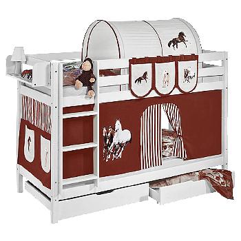 Idense White Wooden Jelle Bunk Bed - Horses Brown - With curtain and slats - Single