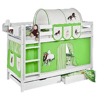 Idense White Wooden Jelle Bunk Bed - Horses Green - With curtain and slats - Single