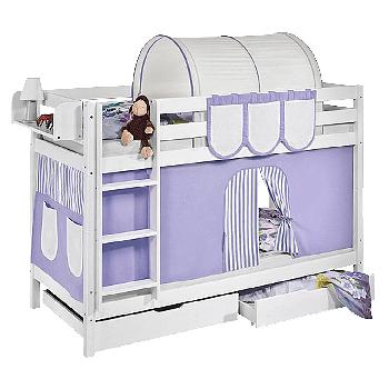 Idense White Wooden Jelle Bunk Bed - Lilac - With curtain and slats - Single