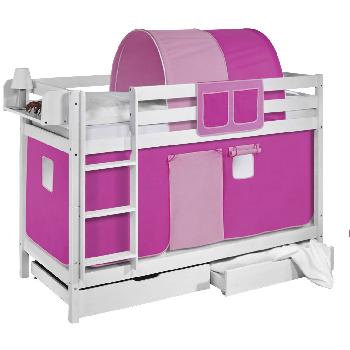 Idense White Wooden Jelle Bunk Bed - Pink - With curtain and slats - Single