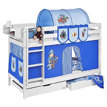 Idense White Wooden Jelle Bunk Bed - Pirate Blue - With curtain and slats - Single