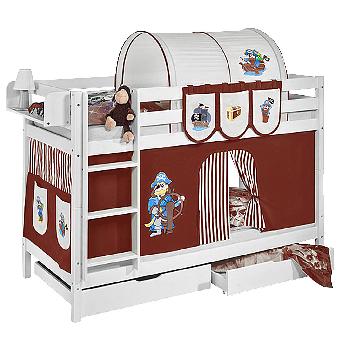 Idense White Wooden Jelle Bunk Bed - Pirate Brown - With curtain and slats - Single