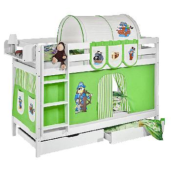 Idense White Wooden Jelle Bunk Bed - Pirate Green - With curtain and slats - Single