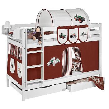 Idense White Wooden Jelle Bunk Bed - Tractor Brown - With curtain and slats - Single