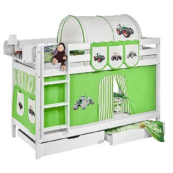 Idense White Wooden Jelle Bunk Bed - Tractor Green - With curtain and slats - Single