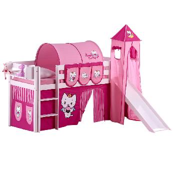 Idense White Wooden Jelle Midsleeper - Angel Cat Sugar - With slide, tower, curtain and slats - Single