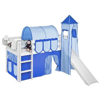 Idense White Wooden Jelle Midsleeper - Blue - With slide, tower, curtain and slats - Single