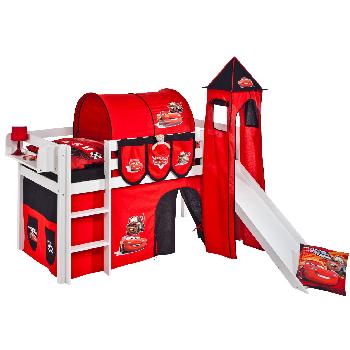Idense White Wooden Jelle Midsleeper - Disney Cars - With slide, tower, curtain and slats - Single