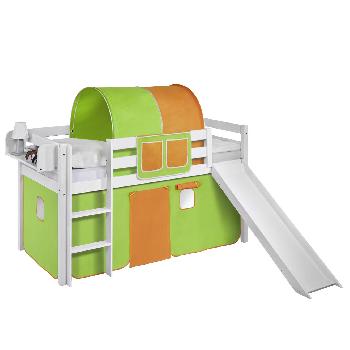Idense White Wooden Jelle Midsleeper - Green and Orange - With slide, curtain and slats - Single