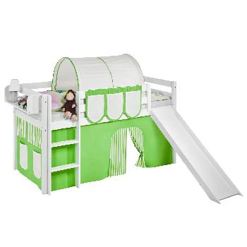 Idense White Wooden Jelle Midsleeper - Green - With slide, curtain and slats - Single