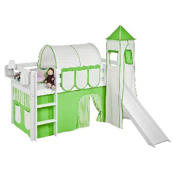 Idense White Wooden Jelle Midsleeper - Green - With slide, tower, curtain and slats - Single