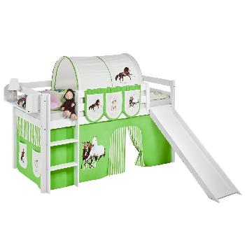 Idense White Wooden Jelle Midsleeper - Horses Green - With slide, curtain and slats - Single