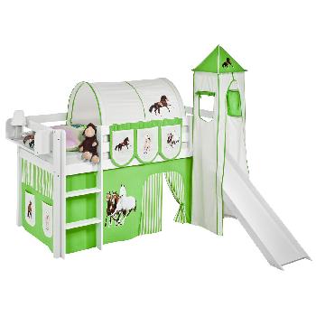 Idense White Wooden Jelle Midsleeper - Horses Green - With slide, tower, curtain and slats - Single