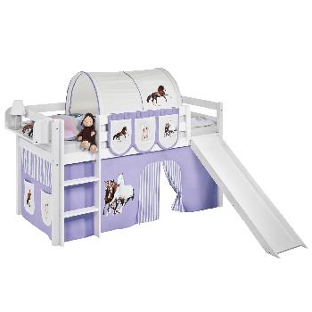 Idense White Wooden Jelle Midsleeper - Horses Lilac - With slide, curtain and slats - Single