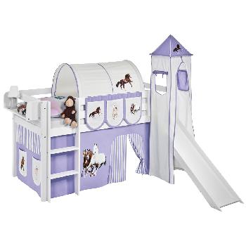 Idense White Wooden Jelle Midsleeper - Horses Lilac - With slide, tower, curtain and slats - Single