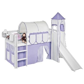Idense White Wooden Jelle Midsleeper - Lilac - With slide, tower, curtain and slats - Single