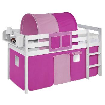 Idense White Wooden Jelle Midsleeper - Pink - With curtain and slats - Continental Single