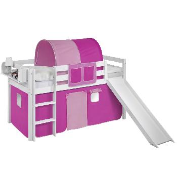 Idense White Wooden Jelle Midsleeper - Pink - With slide, curtain and slats - Single