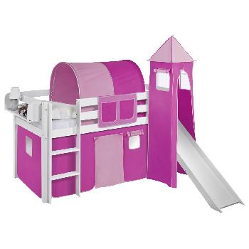 Idense White Wooden Jelle Midsleeper - Pink - With slide, tower, curtain and slats - Single