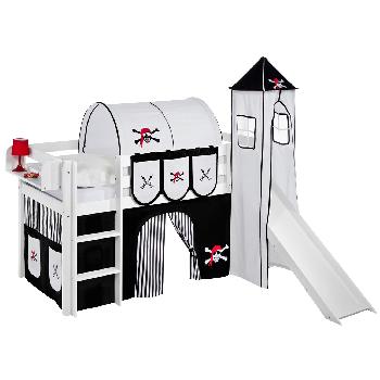 Idense White Wooden Jelle Midsleeper - Pirate Black and White - With slide, tower, curtain and slats - Single