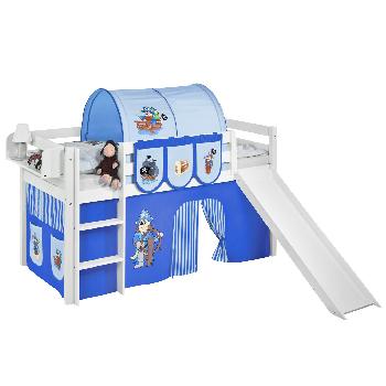 Idense White Wooden Jelle Midsleeper - Pirate Blue - With slide, curtain and slats - Single