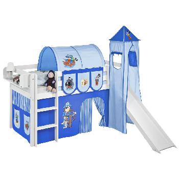 Idense White Wooden Jelle Midsleeper - Pirate Blue - With slide, tower, curtain and slats - Single