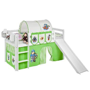 Idense White Wooden Jelle Midsleeper - Pirate Green - With slide, curtain and slats - Single