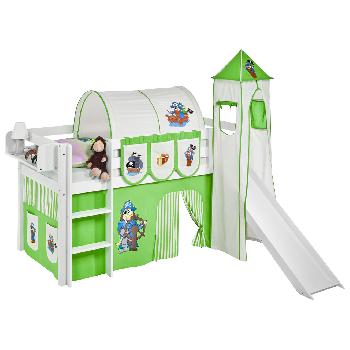 Idense White Wooden Jelle Midsleeper - Pirate Green - With slide, tower, curtain and slats - Single