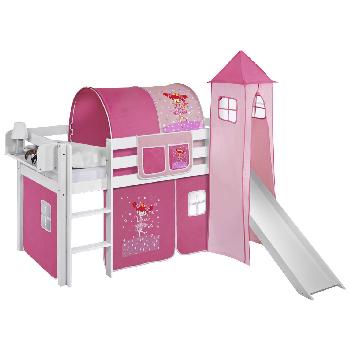 Idense White Wooden Jelle Midsleeper - Princess - With slide, tower, curtain and slats - Single