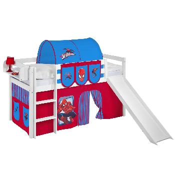 Idense White Wooden Jelle Midsleeper - Spiderman - With slide, curtain and slats - Single