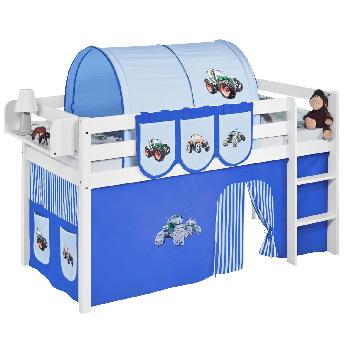 Idense White Wooden Jelle Midsleeper - Tractor Blue - With curtain and slats - Continental Single