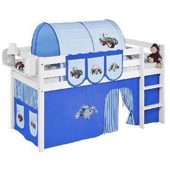 Idense White Wooden Jelle Midsleeper - Tractor Blue - With curtain and slats - Single