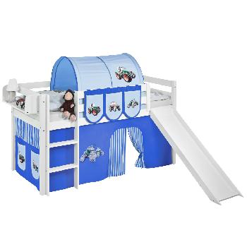 Idense White Wooden Jelle Midsleeper - Tractor Blue - With slide, curtain and slats - Single