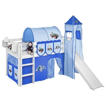 Idense White Wooden Jelle Midsleeper - Tractor Blue - With slide, tower, curtain and slats - Single