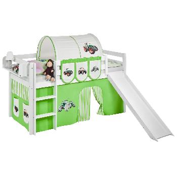Idense White Wooden Jelle Midsleeper - Tractor Green - With slide, curtain and slats - Single