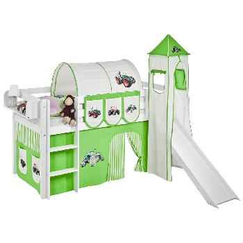 Idense White Wooden Jelle Midsleeper - Tractor Green - With slide, tower, curtain and slats - Single