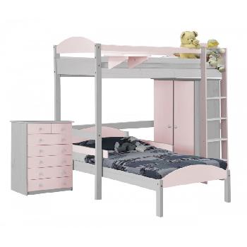 Maximus L Shape Whitewash Long High Sleeper Set 2 with Pink