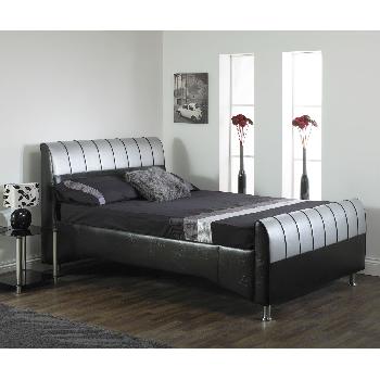 Newark Sleigh Leather Bed Frame Double Black with White