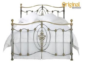 Original Bedstead Co Ardmore 5' King Size Silver Patina with Gold Highlights and brass parts Slatted Bedstead Metal Bed