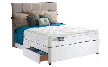 Sealy Posturepedic Pearl Geltex Divan, Superking Zip and Link, 4 Drawers Continental, Lindisfarne Headboard - Caramel