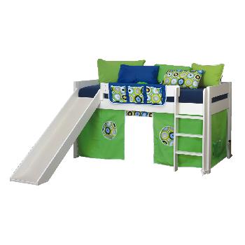 Stompa Play 3 Midsleeper Frame Set with Slide and Tent Blue and Oasis Tent with Matching Pocket Tidy with Scatter Cushion with Pocket Sprung Mattress