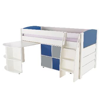 Stompa UNOS mid sleeper blue - incl pull out desk and 1 multi cube with 2 blue and 2 grey doors and 1 chest of drawers