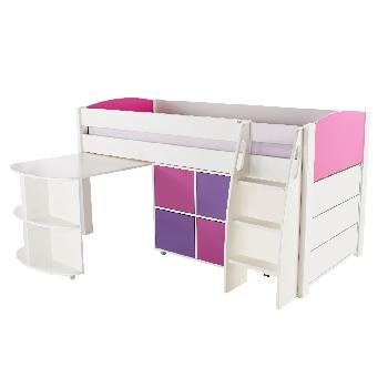 Stompa UNOS mid sleeper pink - incl pull out desk and 1 multi cube with 2 pink and 2 purple doors and 1 chest of drawers